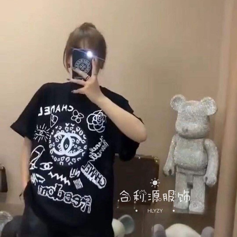 CHANEL Tシャツ ハイブランド 半袖T-shirt  原宿系 シャネル 黒白プリント 春夏秋 ファッション