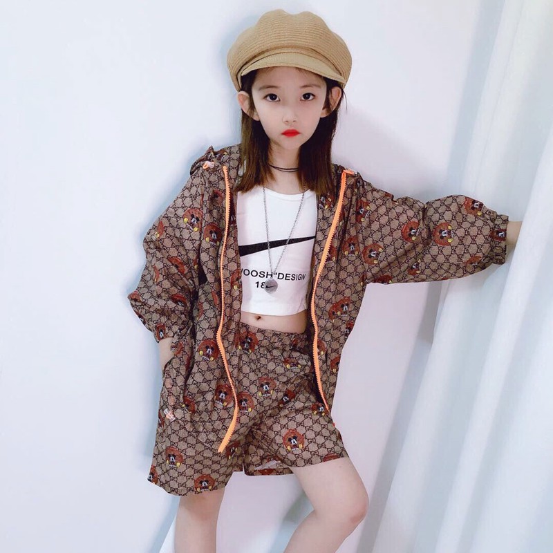 Gucci 子供服 グッチ柄 2点セット カーディガン ショートパンツ ディズニー キッズ服 上下セット 通園 通学