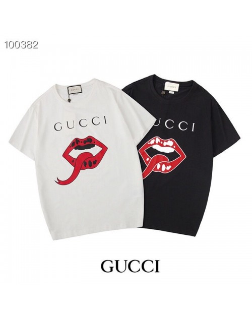 GUCCI/グッチ ハイブランド  Tシャツ 赤唇プリント 大人 ユニセックス 大きいサイズ  春夏対応  薄手アメカジ ストリート カジュアル 通学 プレゼント T-shirt 個性的な ダンス衣装 メンズ レディース