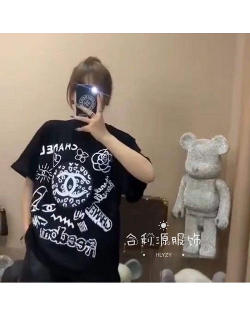 CHANEL Tシャツ ハイブランド 半袖T-shirt  原宿系 シャネル 黒白プリント 春夏秋 ファッション 個性 ダンス衣装 韓国風 大きいサイズ ヒップホップ カジュアル 通学 激安 レディース