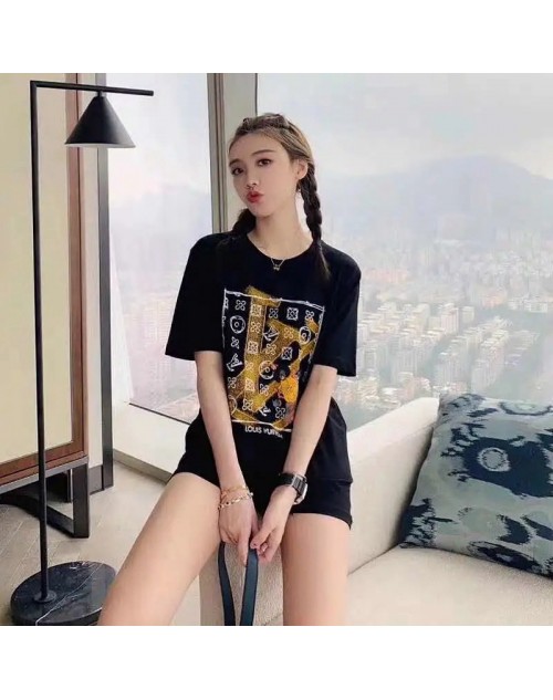 ルイヴィトン風 女性Tシャツ 黒白プリント レディース T-shirt 単色 LV 半袖ブランド 綿 カレッジ风 ファッション通販 シンプル ミニマリストトップス オシャレ 若者愛用 