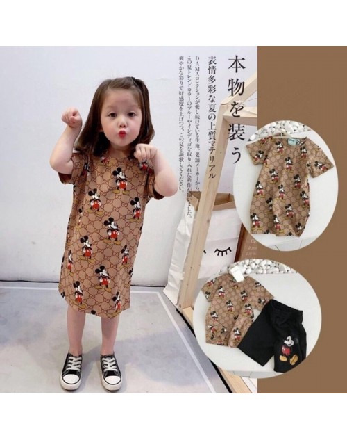 GUCCI ハイブランド Tシャツ ワンピース 子供服 男の子 女の子 夏服 グッチ かわいい 半袖 ディズニー ミッキー  コットン快適 キッズ ルームウェア セット ショートパンツ 