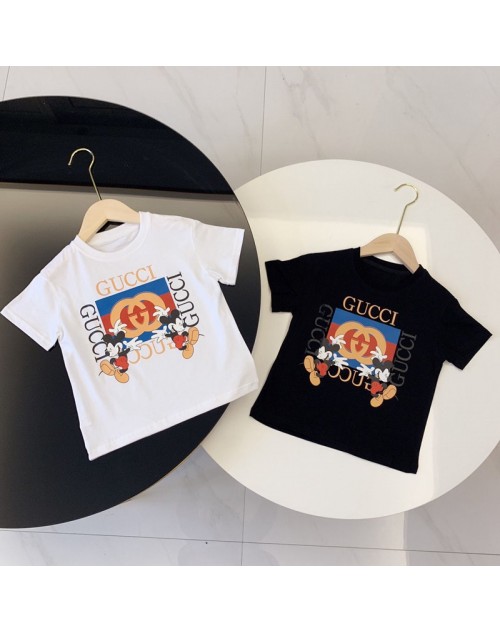 GUCCIグッチ ブランド 半袖Tシャツ ミッキーマウス ディズニー Mickey Mouse  黒白色 パロディt-shirt 上着 トップス 子供大人用 ユニセックス カジュアル メンズ レディース 春夏秋冬