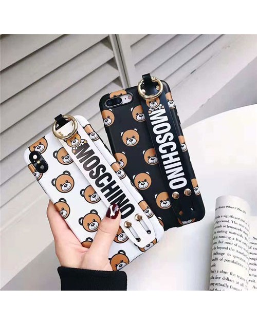 moschino iPhone xr/xs max/xsケース モスキーノ iphone x/8/7スマホケース ブランド ジャケット 熊絵柄 ハンドベルト付き