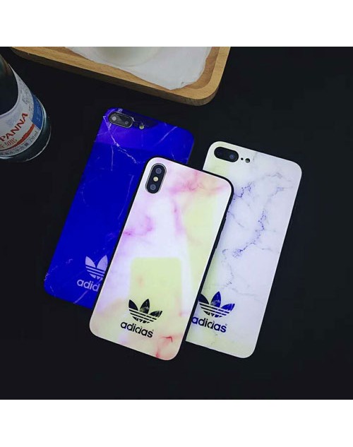 adidasアディダスiphone xr/xsmax/xsケーススポーツ風 iphone x/10sケース クローバーロゴ付きアイフォン8/7 plusスマホケース オシャレ大理石紋青い光