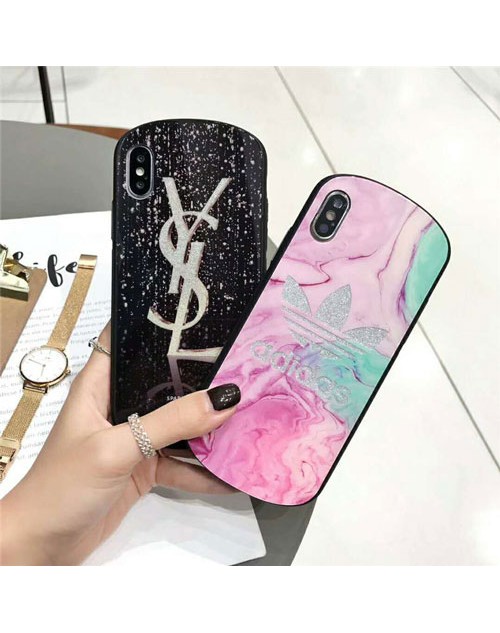 YSL adidas iphone xr/xs maxケースキラキラ イブサンローラン iphone x/xsカバー アディダスアイフォン 8/7 plusケース お洒落ガラス表面 レディース向け