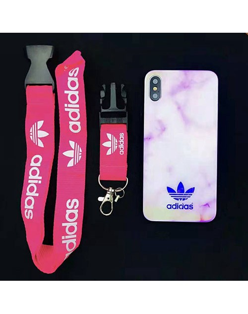 adidas アディダス iphone xi/11R/11 Maxケースブランド運動風iphone xr/xs  maxケースオシャレ大理石紋 iphone x/8/7 plusケースストラップ付き ファッション