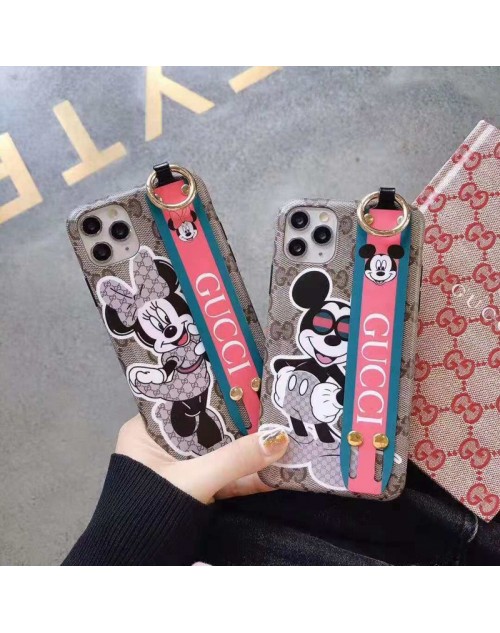 gucci グッチ iphone11/11pro maxケースブランド iphone xr/xs  maxケース 可愛いミッキー付き iphone x/8/7 plusケースハンドベルト付き お洒落人気