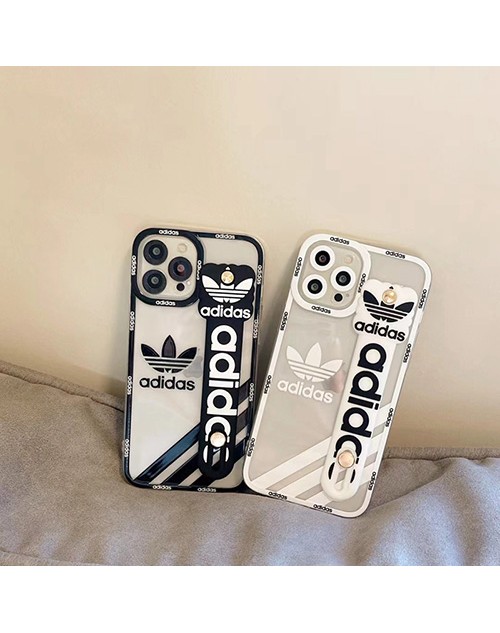 ADIDAS ブランド iPhone 13 pro/13 pro max/13 miniケース インスタ風 アディダス ハンドバンド付 クリアケース モノグラム ジャケット型 アイフォン13/12/11/x/xs/xr/8/7カバー シリコン メンズ レディース