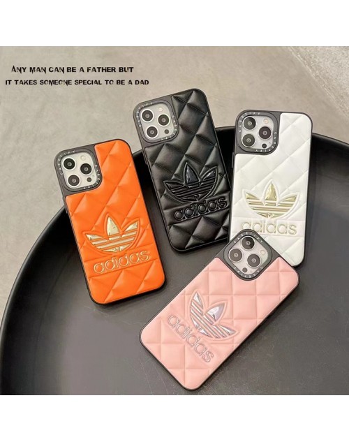 Adidas アディダス ブランド iphone 14/14 pro/14 pro maxケース モノグラムトレフォイル柄 Trefoil 背面レザー ジャケット型 ソフト アイフォン14/13/12カバー 大人気 メンズ レディース