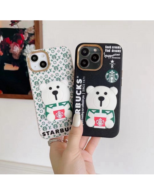 ルイヴィトン/Louis Vuitton スターバックス/Starbucks コラボ ブランド iphone 14/14 pro/14 pro maxケース かわいい シリコン 3D白熊 モノグラム アイフォン14/14プロ/13/12/11カバー 韓国風 メンズ レディース