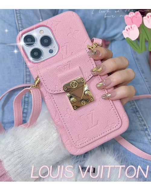 LV ルイヴィトン iPhone 14/14 Pro/14 Pro Maxケース カード入れ ストラップ付き レザーバッグ モノグラム 斜めがけ ピンク色 女性向け アイフォン14/14プロ/14プロ マックス/13/12/11カバー ファッション メンズ レディース