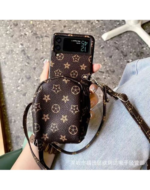 Gucci グッチ LV ルイヴィトン ハイブランド Galaxy z flip 4 5Gスマホケース モノグラム レザー 折畳み式 ストラップ付き バング型 収納可能 ブランド ギャラクシーZ Flip4/3カバー 携帯 防水 レディース