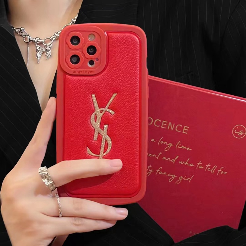 yslブランドiphone14pro max plusケース可愛い モノグラム革キラキラ赤アイフォン14プロ マックス カバー