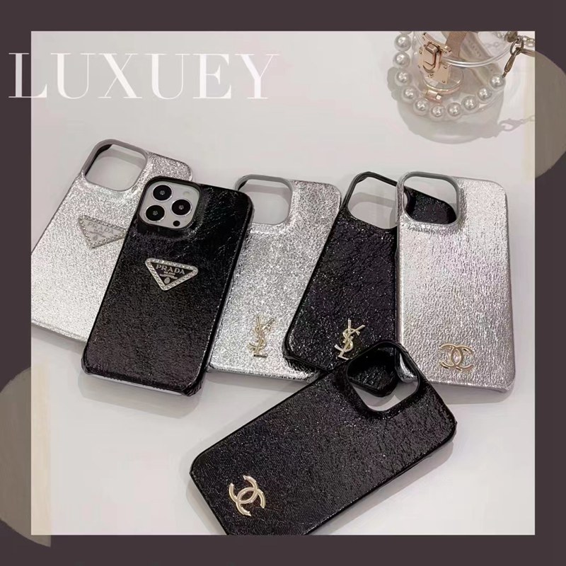 PRADA/プラダ YSL/イブ・サンローラン ブランド iPhone 14/14 Pro/14 Pro Maxケース モノグラム 背面レザー ジャケット型 きらきら ソフト
