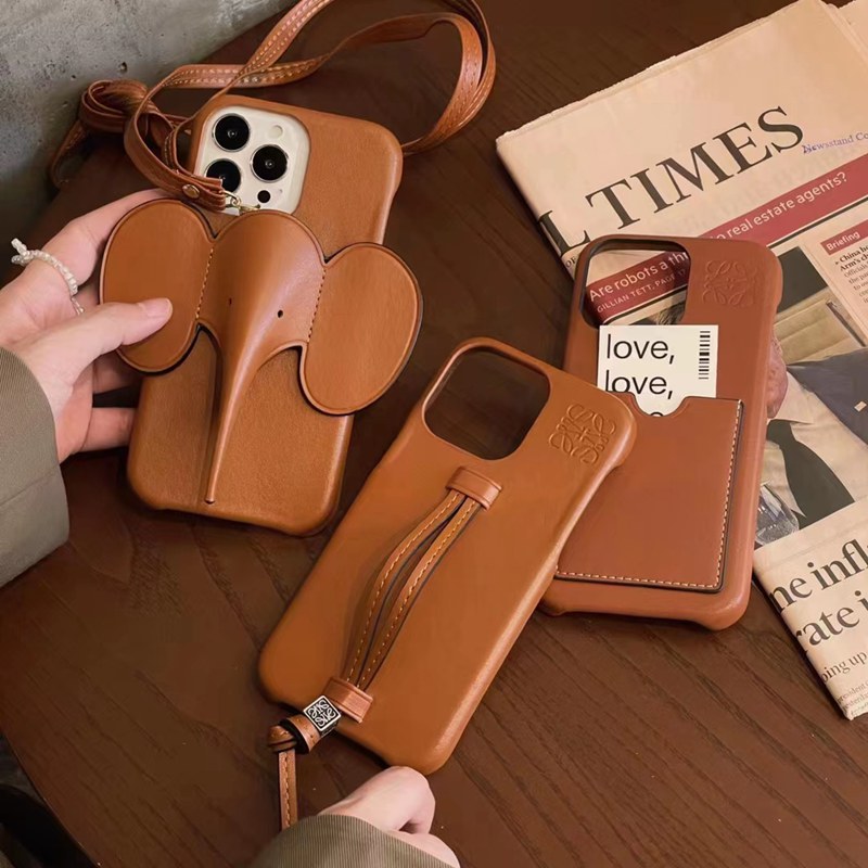 LOEWE/ロエベ ブランド iphone14Pro max/14Plusケース モノグラム 手ぶら レザー  カード入り 無地 ハンドバンド付き ストラップ
