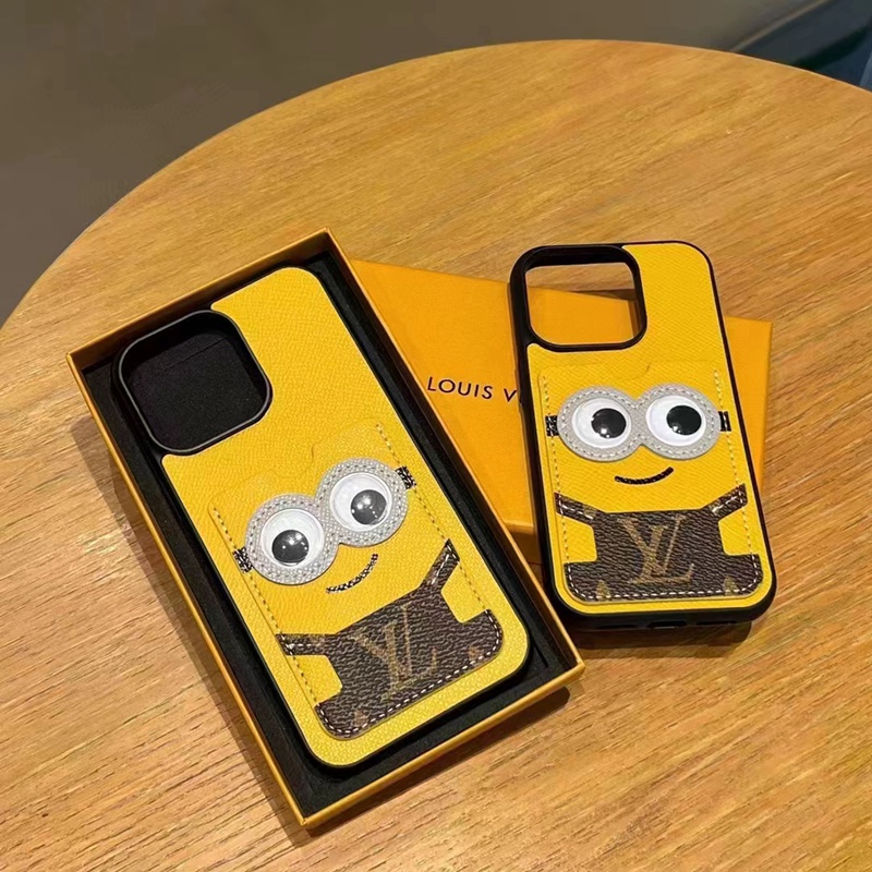 lv ルイヴィトン iphone14/14Pro/14Pro maxケース 個性 ミニオン柄 キャラクター カード入り レザー製 イエロー