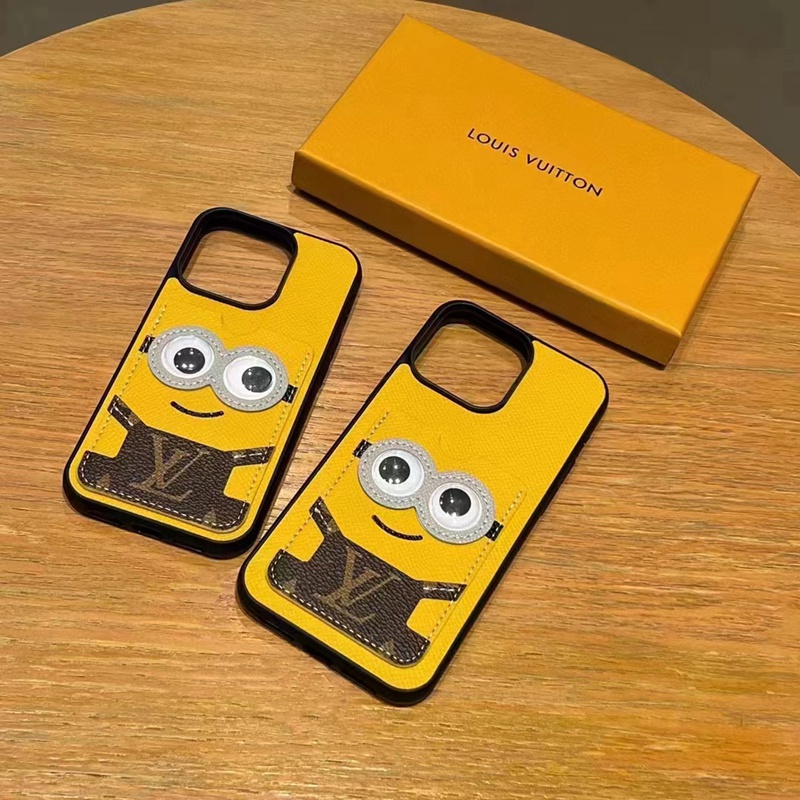ヴィトンiphone14pro max/14plusケースLVミニオン革カード キャラクター黄アイフォン14プロ マックス ブランド男女