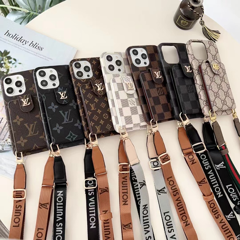 GUCCI/グッチ LV/ルイヴィトン ブランド iphone 14/14 pro/14 pro max/14 plusケース 財布型  カード入れ レザー ストラップ付き 紛失防止