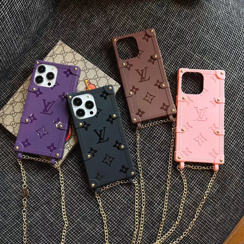 LV/ルイヴィトン ハイブランド iphone 14 pro max/14 pro/14/14ケース かわいい トランク型 チェーン付き モノグラム シリコン セレブ愛用