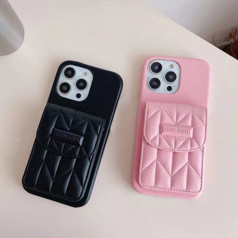 MIUMIU/ミュウミュウ ハイブランド iPhone 14/14 Pro/14 Pro Max/14 Plusケース 経典 カード収納 レザー バッグ型 モノグラム 黒ピンク色