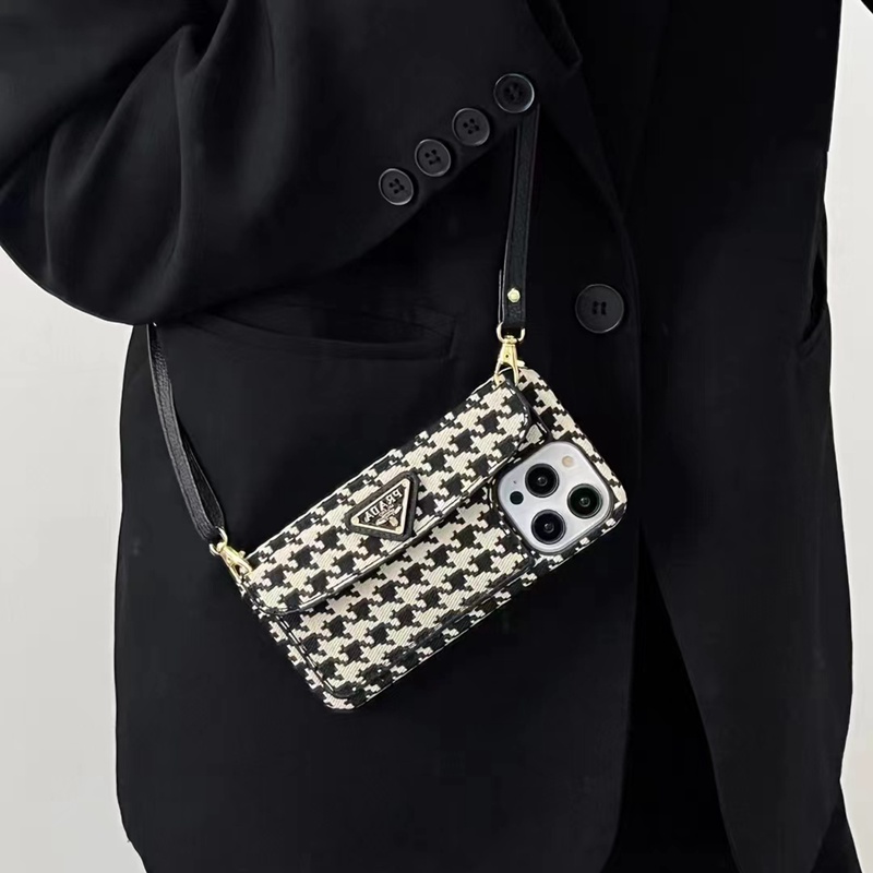 PRADA プラダ ハイブランド iphone14Pro max/14Pro/14plusケース おしゃれ モノグラム 千鳥柄 レザー ストラップ バング風 カード入れ