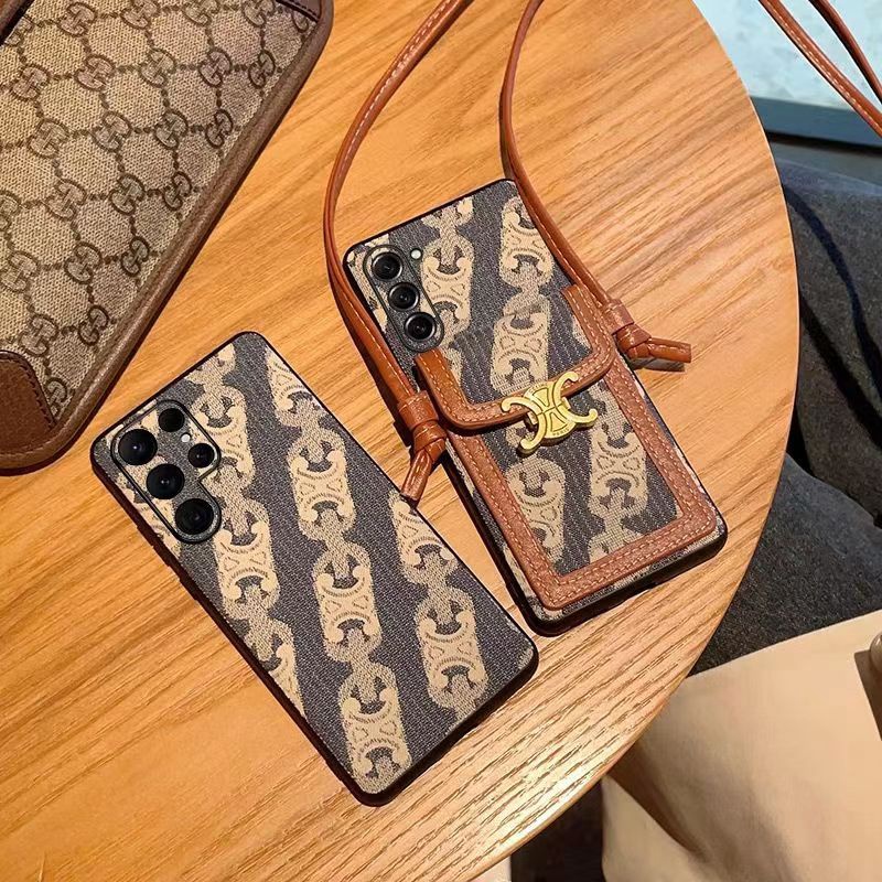 Celine セリーヌ ブランド galaxy s23/s23 plus/s23 ultraケース モノグラム柄 レザー ストラップ バング風 カード入れ ジャケット型