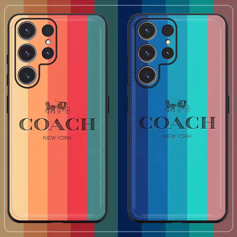 COACH コーチ ハイブランドgalaxy s23+plus ultraケース おしゃれ モノグラム 虹 馬車柄 カラー色 ジャケット型 個性