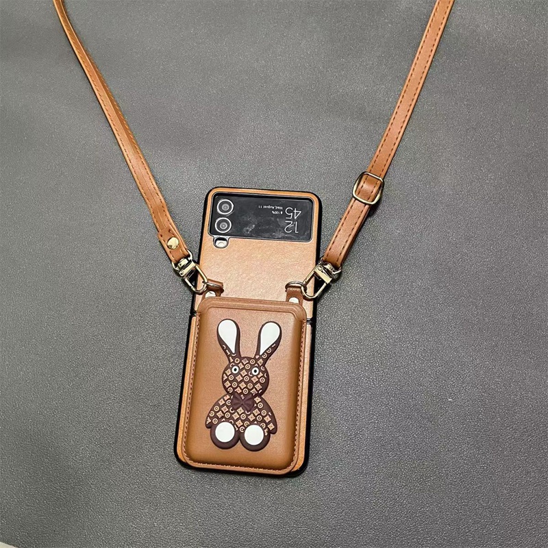 LV/ルイヴィトン ブランド Galaxy Z Flip 4/Z Flip 5ケース かわいい 折りたたむ レザー カード入れ ストラップ付き ウサギ 保護 イヌ柄