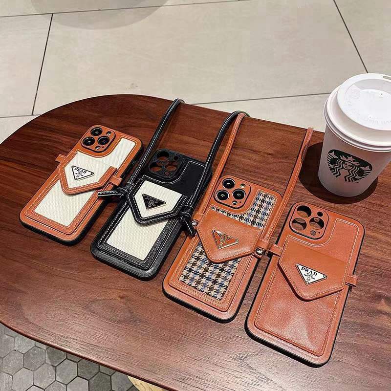 Prada プラダ ブランド iphone 14/14 pro/14 pro max/14 plusケース バッグ型 モノグラム レザー カード入り ストラップ付き